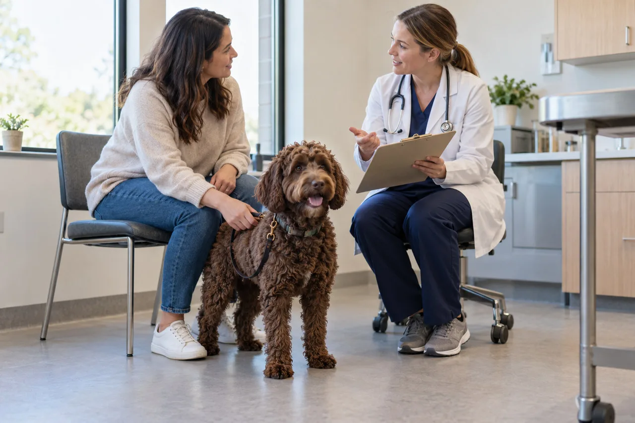 Owner and veterinary professional discussing records beside a curly-coated dog